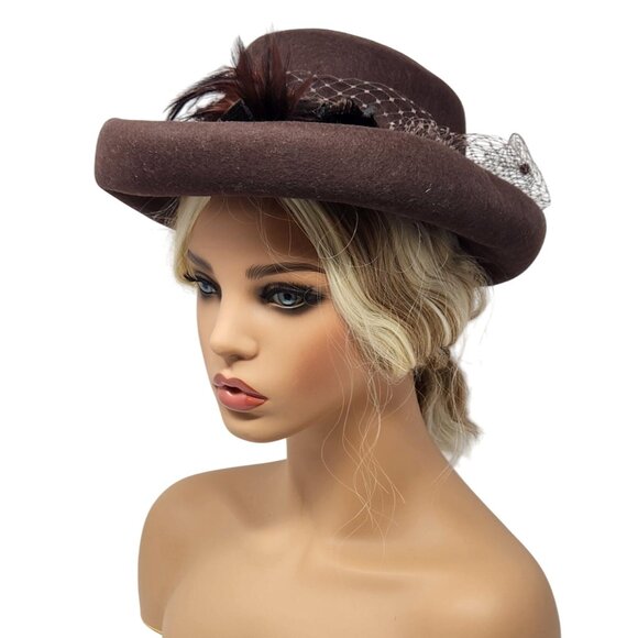 Vintage Brown Wool Felt Meril Hat With Feathers & Netting, Kentucky Derby Hat main image 5